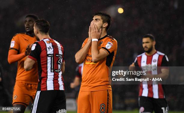 Ruben Neves of Wolverhampton Wanderers after missing a penalty kick during the Sky Bet Championship match between Sheffield United and Wolverhampton...