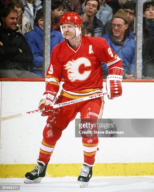 Lanny McDonald of the Calgary Flames skates against the Boston Bruins at Boston Garden.