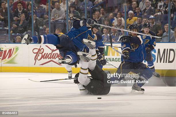 St. Louis Blues Jay McKee and Andy McDonald in action during collision vs Dallas Stars Mark Parrish . St. Louis, MO 3/10/2009 CREDIT: David E. Klutho