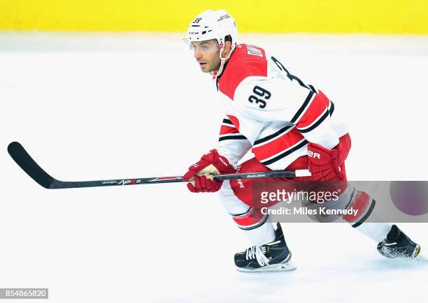 Patrick Dwyer of the Carolina Hurricanes plays in an NHL game against the Philadelphia Flyers at Wells Fargo Center on December 13, 2014 in...