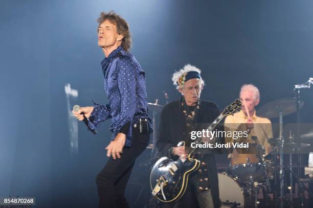 Mick Jagger, Keith Richards and Charlie Watts of The Rolling Stones perform on stage at Estadi Olimpic on September 27, 2017 in Barcelona, Spain.