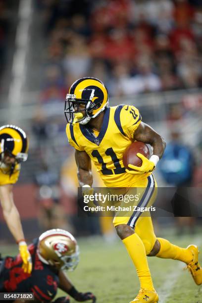 Tavon Austin of the Los Angeles Rams runs after making a reception during the game against the San Francisco 49ers at Levi's Stadium on September 21,...