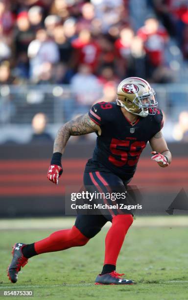 Aaron Lynch of the San Francisco 49ers rushes the quarterback during the game against the Los Angeles Rams at Levi's Stadium on September 21, 2017 in...