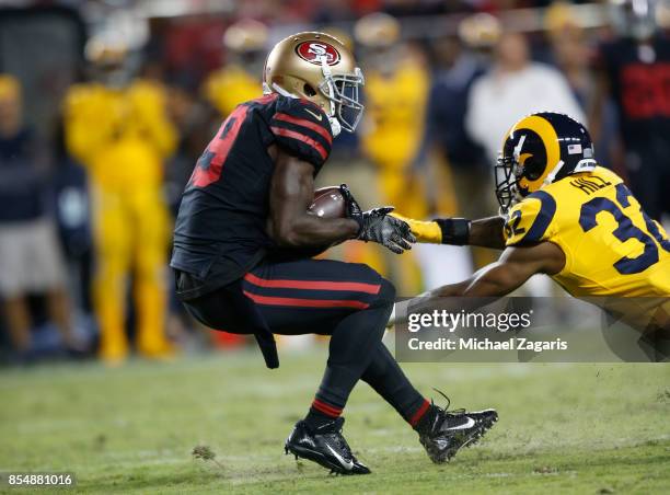 Aldrick Robinson of the San Francisco 49ers makes a reception during the game against the Los Angeles Rams at Levi's Stadium on September 21, 2017 in...