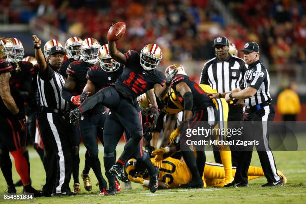 Aldrick Robinson of the San Francisco 49ers celebrates after recovering a fumble during the game against the Los Angeles Rams at Levi's Stadium on...
