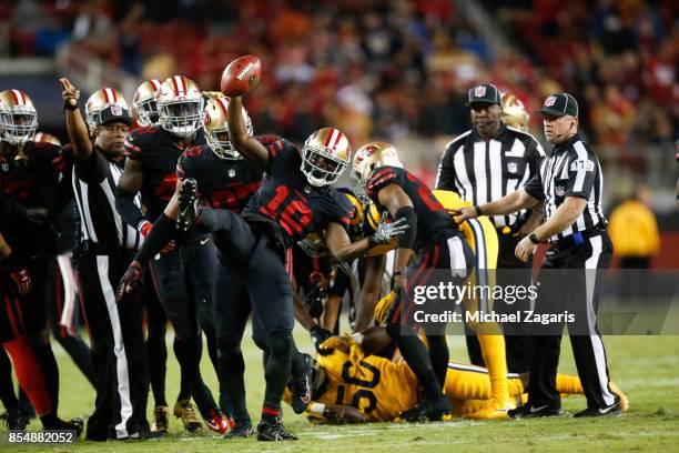 Aldrick Robinson of the San Francisco 49ers celebrates after recovering a fumble during the game against the Los Angeles Rams at Levi's Stadium on...