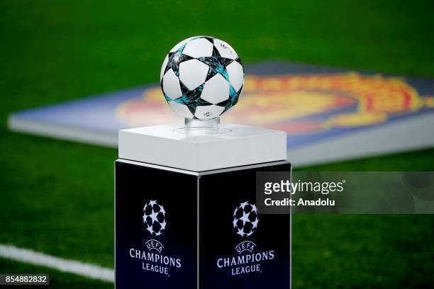 Ball is seen on the stand before the UEFA Champions League match between CSKA Moscow and Manchester United at VEB Arena in Moscow, on September 27,...