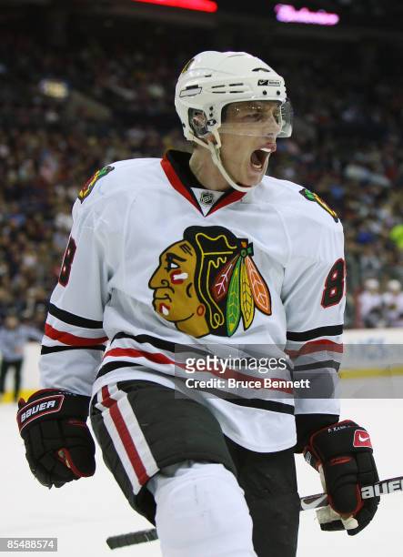 Patrick Kane of the Chicago Blackhawks celebrates his first period goal against the Columbus Blue Jackets at the Nationwide Arena March 18, 2009 in...