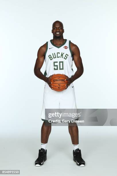 Joel Anthony of the Milwaukee Bucks poses for a portrait during the 2017-18 NBA Media Day on September 25, 2017 at the BMO Harris Bradley Center in...