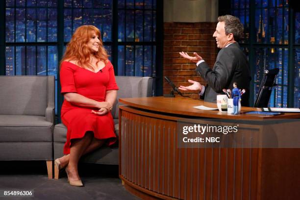 Episode 585 -- Pictured: Actress Julie Klausner talks with host Seth Meyers during an interview on September 27, 2017 --