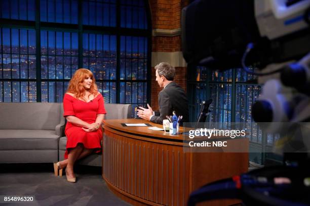 Episode 585 -- Pictured: Actress Julie Klausner talks with host Seth Meyers during an interview on September 27, 2017 --