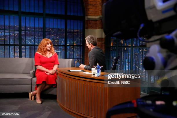 Episode 585 -- Pictured: Actress Julie Klausner talks with host Seth Meyers during an interview on September 27, 2017 --