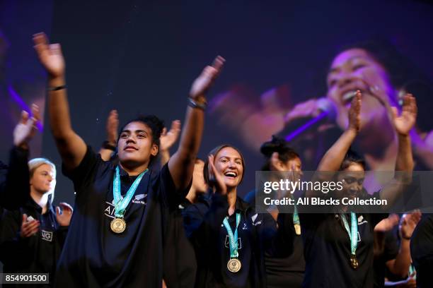 Members of the Black Ferns dance on stage during the New Zealand Black Ferns Womens Rugby World Cup celebration event at Vodafone Events Centre on...