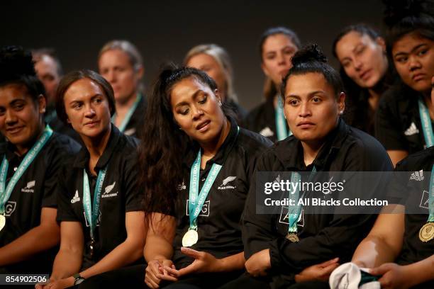 The New Zealand Black Ferns on stage during the New Zealand Black Ferns Womens Rugby World Cup celebration event at Vodafone Events Centre on...