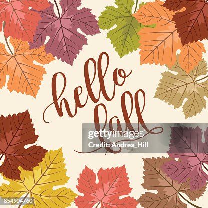Autumn Grape Leaf Vector Frame with Copy Space, "hello fall" Text Autumn Grape Leaf Vector Frame with Copy Space, "hello fall" Text