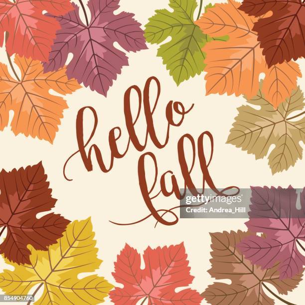 autumn grape leaf vector frame with copy space, "hello fall" text - grape leaf stock illustrations