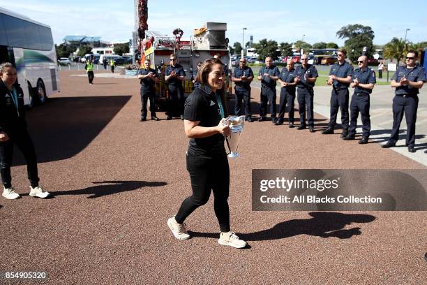 Black Ferns captain Fiao'o Fa'amusili arrives with the trophy for the New Zealand Black Ferns celebration at Vodafone Events Centre on September 28,...