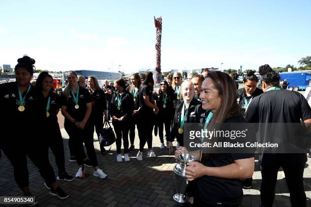 Black Ferns captain Fiao'o Fa'amusili arrives with the trophy for the New Zealand Black Ferns celebration at Vodafone Events Centre on September 28,...