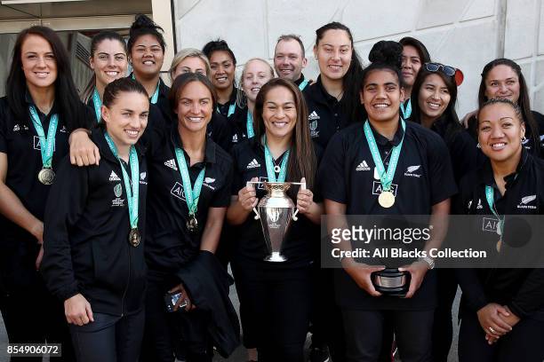 The Black Ferns pose with the Womens Rugby World Cup during the New Zealand Black Ferns celebration at Vodafone Events Centre on September 28, 2017...