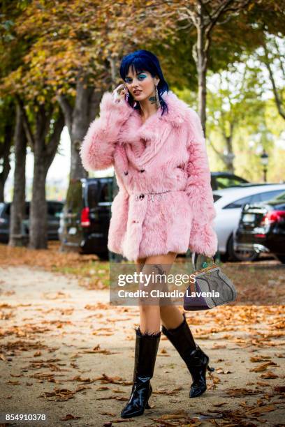 Sita Abellan is seen before the Rochas show at the Pavillion Ledoyen during Paris Fashion week Womenswear SS18 on September 27, 2017 in Paris, France.