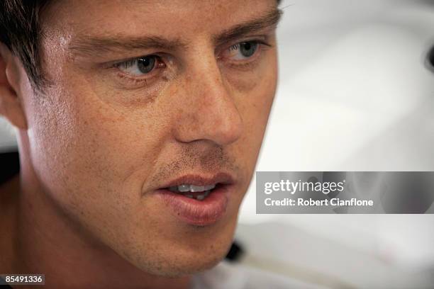 James Courtney driver of the Jim Beam Racing Ford is seen in the pit garages in preperation for the Clipsal 500, round one of the V8 Supercar...