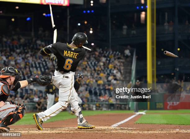 Starling Marte of the Pittsburgh Pirates breaks his bat on an RBI single in the seventh inning during the game against the Baltimore Orioles at PNC...