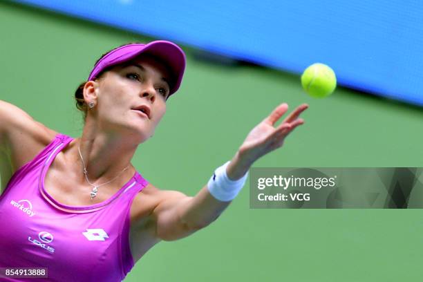 Agnieszka Redwanska of Poland serves during the third match against Ashleigh Barty of Australia on Day 4 of 2017 Dongfeng Motor Wuhan Open at Optics...