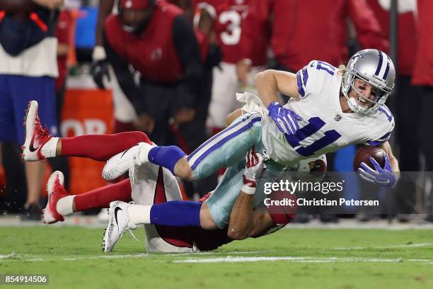 Wide receiver Cole Beasley of the Dallas Cowboys dives with the football after a reception against the Arizona Cardinals during the NFL game at the...