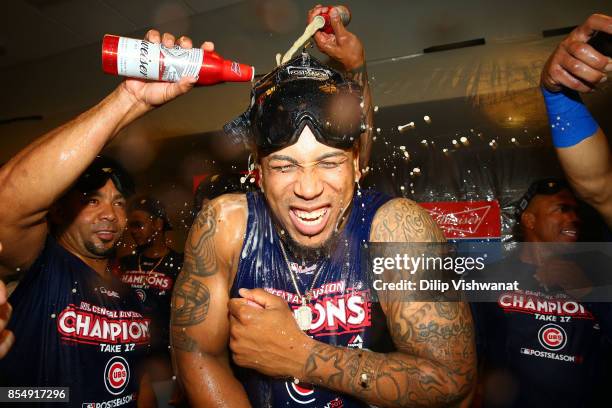 Pedro Strop of the Chicago Cubs celebrates after winning the National League Central title against the St. Louis Cardinals at Busch Stadium on...