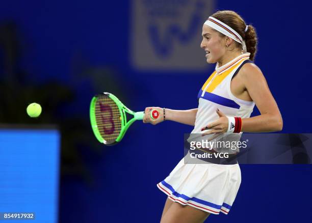 Jelena Ostapenko of Latvia reacts during the third round match against Monica Puig of Puerto Rico on Day 4 of 2017 Wuhan Open at Optics Valley...