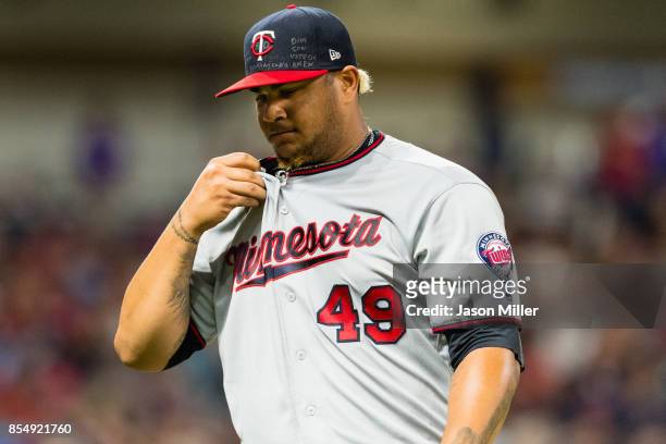 Starting pitcher Adalberto Mejia of the Minnesota Twins leaves the game during the fourth inning against the Cleveland Indians at Progressive Field...