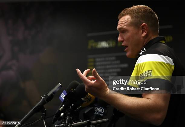 Tigers assistant coach Justin Leppitsch speaks to the media prior to a Richmond Tigers AFL training session at Punt Road Oval on September 28, 2017...