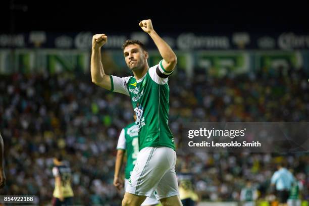 Mauro Boselli of Leon celebrates after scoring the first goal of his team during the 11th round match between Leon and America as part of the Torneo...