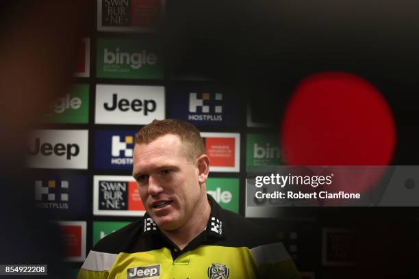 Tigers assistant coach Justin Leppitsch speaks to the media prior to a Richmond Tigers AFL training session at Punt Road Oval on September 28, 2017...