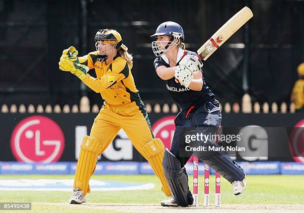 Beth Morgan of England plays a cut shot during the ICC Women's World Cup 2009 Super Six match between Australia and England at North Sydney Oval on...