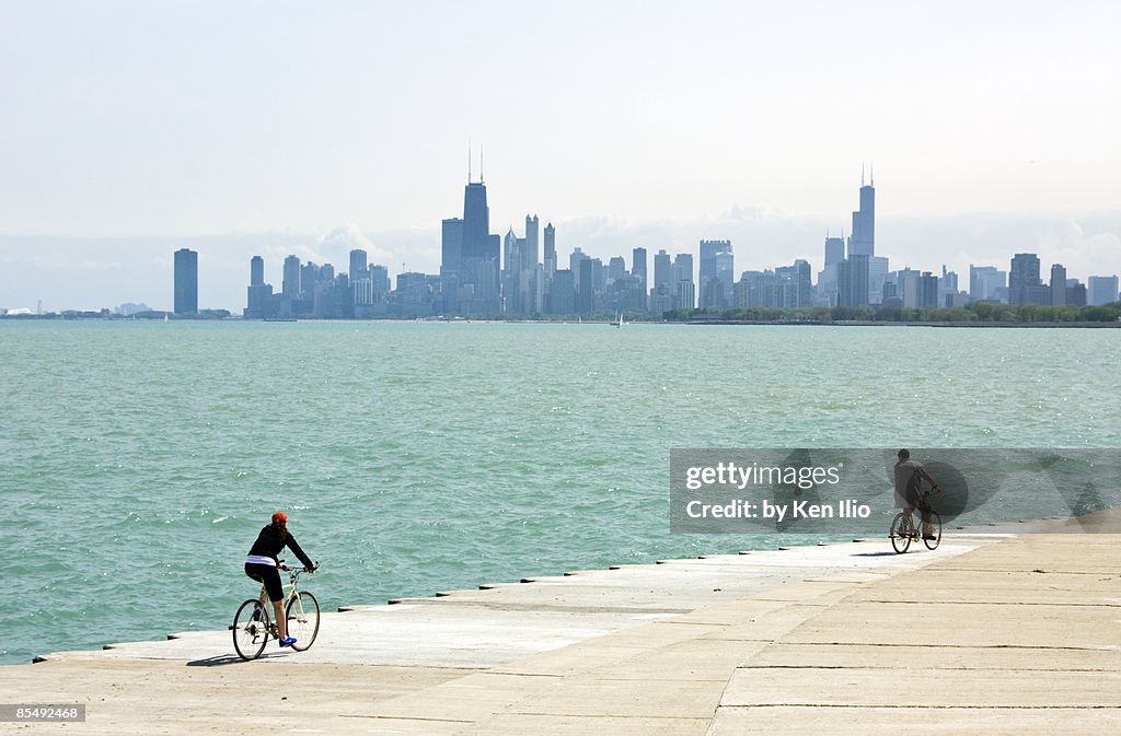 Lake Michigan with skyline and bicyclers