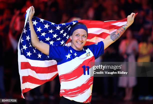 Randi Hobson of the United States celebrates winning Bronze in the Sitting Volleyball finals during the Invictus Games 2017 at Mattamy Athletics...
