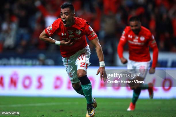 Fernando Uribe of Toluca celebrates after scoring the second goal of his team during the 11th round match between Toluca and Pumas UNAM as part of...