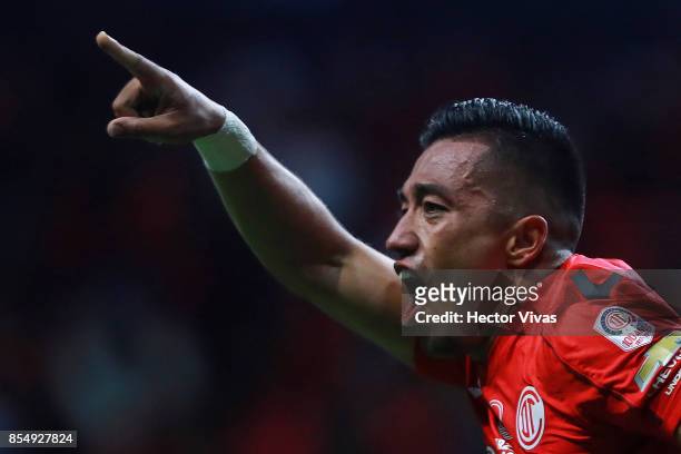 Fernando Uribe of Toluca celebrates after scoring the second goal of his team during the 11th round match between Toluca and Pumas UNAM as part of...