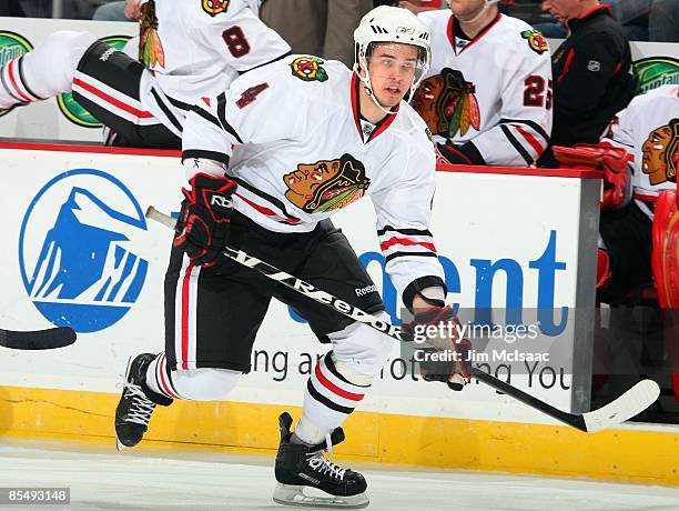 Niklas Hjalmarsson of the Chicago Blackhawks skates against the New Jersey Devils at the Prudential Center on March 17, 2009 in Newark, New Jersey.