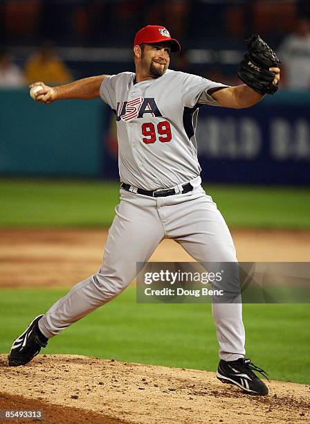 Pitcher Heath Bell of the United States pitches against Venezuela during day 5 of round 2 of the World Baseball Classic at Dolphin Stadium on March...