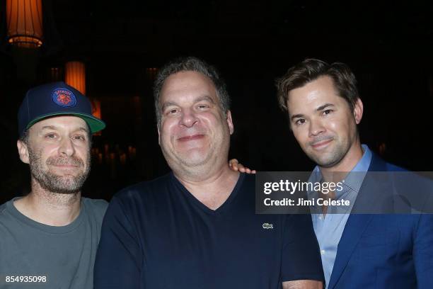 Jon Glaser, Jeff Garlin and Andrew Rannells attend the "Curb Your Enthusiasm" Season 9 premiere after party at TAO Downtown on September 27, 2017 in...