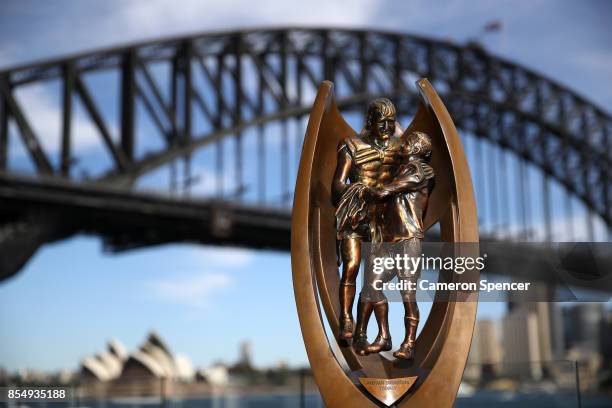 The Provan Summons trophy is displayed during the NRL Grand Final press conference at Luna Park on September 28, 2017 in Sydney, Australia.