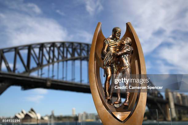 The Provan Summons trophy is displayed during the NRL Grand Final press conference at Luna Park on September 28, 2017 in Sydney, Australia.