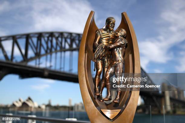 The Provan Summons trophy is displayed during the NRL Grand Final press conference at Luna Park on September 28, 2017 in Sydney, Australia.