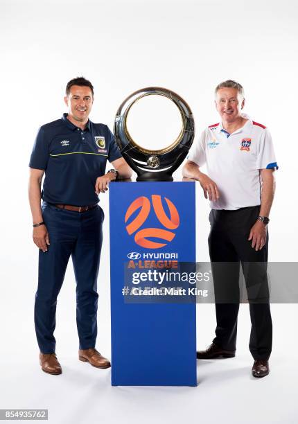 Mariners coach Paul Okon and Jets coach Ernie Merrick pose during the A-League Media Day on September 26, 2017 in Sydney, Australia.