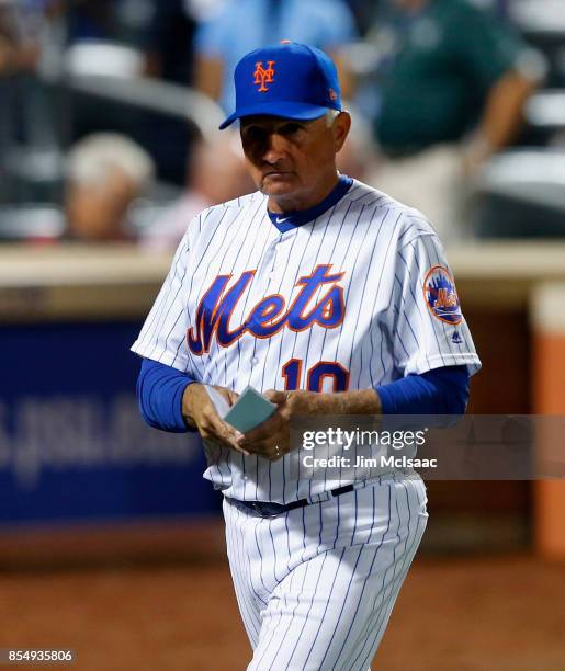 Manager Terry Collins of the New York Mets looks on against the Atlanta Braves at Citi Field on September 27, 2017 in the Flushing neighborhood of...