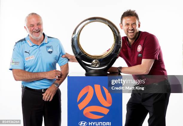 Sydney FC coach Graham Arnold and Wanderers coach Tony Popovic pose during the A-League Media Day on September 26, 2017 in Sydney, Australia.