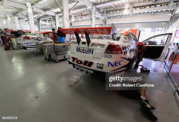 General view of the Holden Racing Team pits as the cars are prepared for the Clipsal 500, round one of the V8 Supercar Championship Series, on the...
