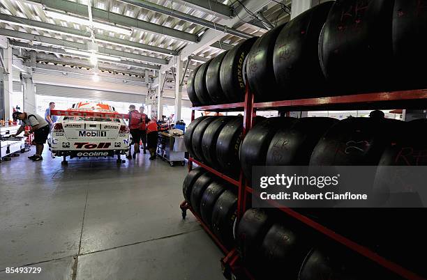 General view of the Holden Racing Team pits as the cars are prepared for the Clipsal 500, round one of the V8 Supercar Championship Series, on the...